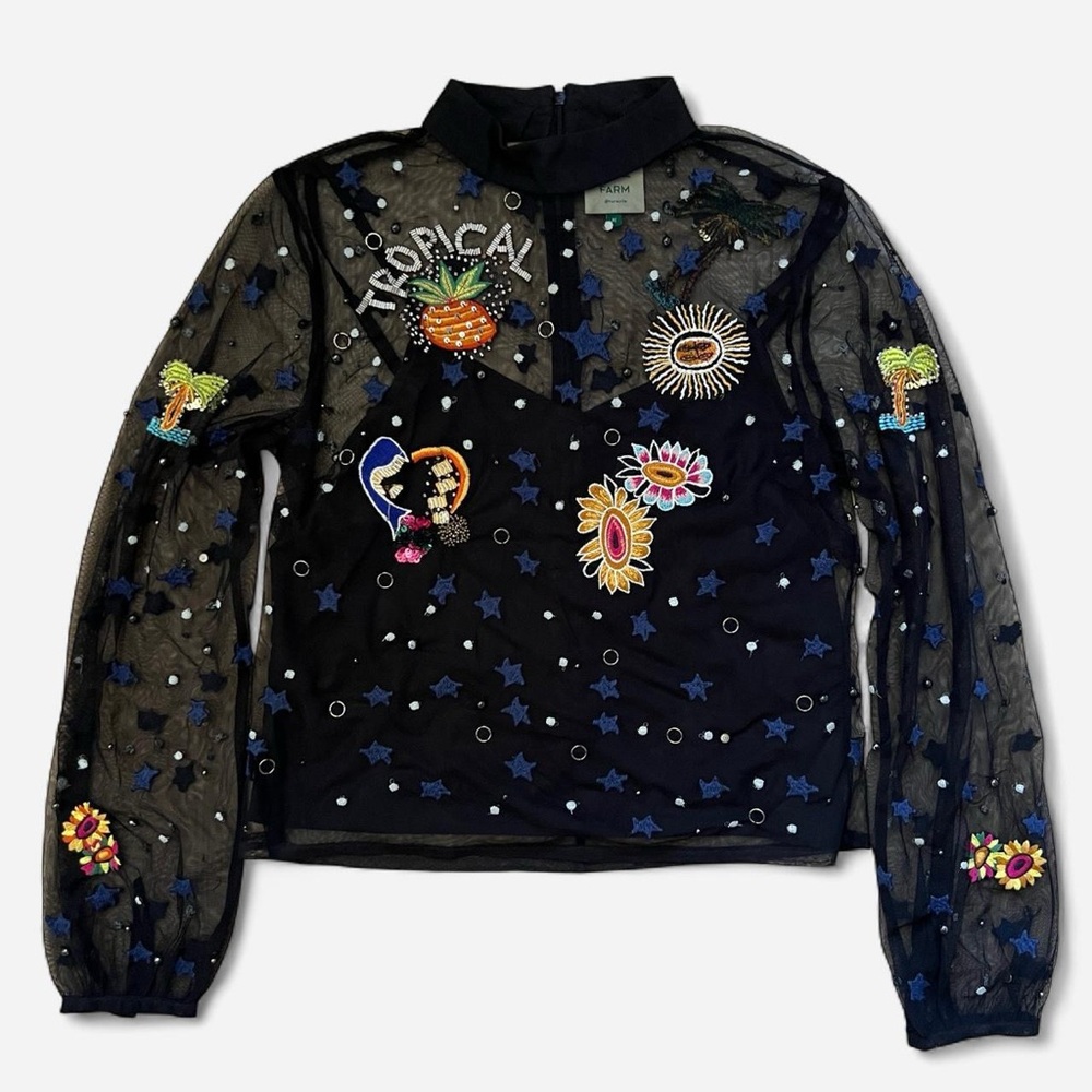 FARM Rio Black Sheer Embroidered Blouse